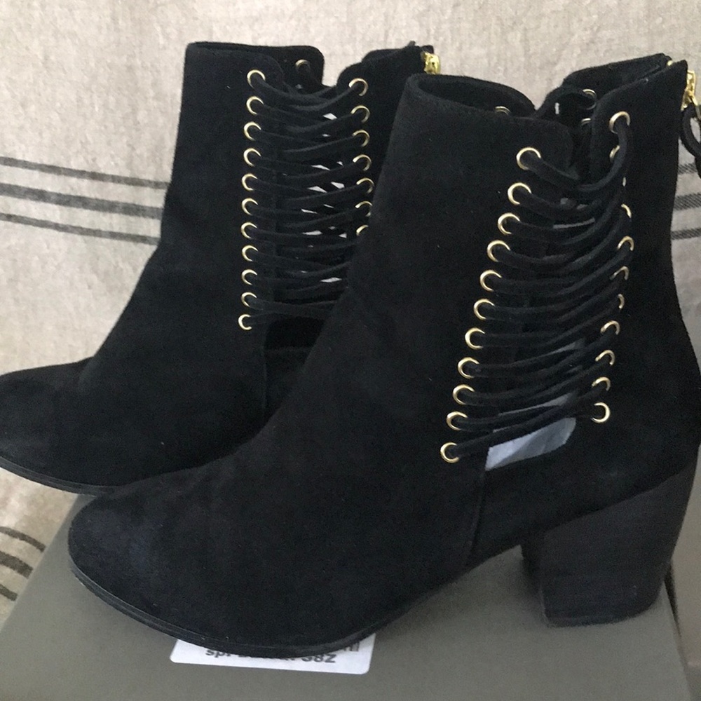 Cynthia Vincent Black Suede Lace-up Booties-Gold Hardware - Picture 7 of 7